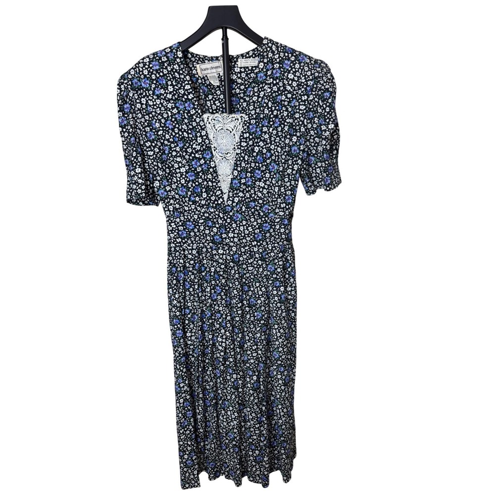Karin Stevens Vintage 90s Floral Maxi Dress Lace Inset Smocked Waist Black 14